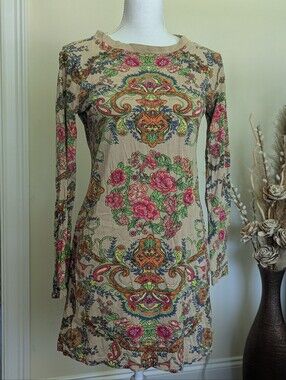 Peace & Love Paisley Floral Mini Dress S 38 Long Sleeve Multicolored Cottagecore